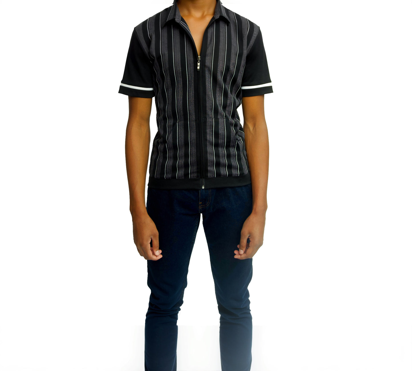 Black, Gray, Black Gray Vertical Stripe Polo Shirt