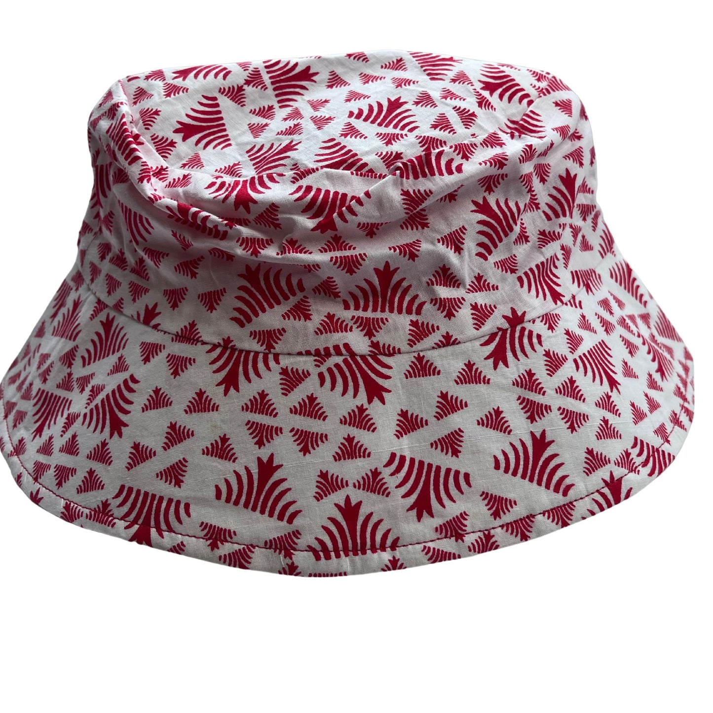 red and white men's bucket hat in bold pattern