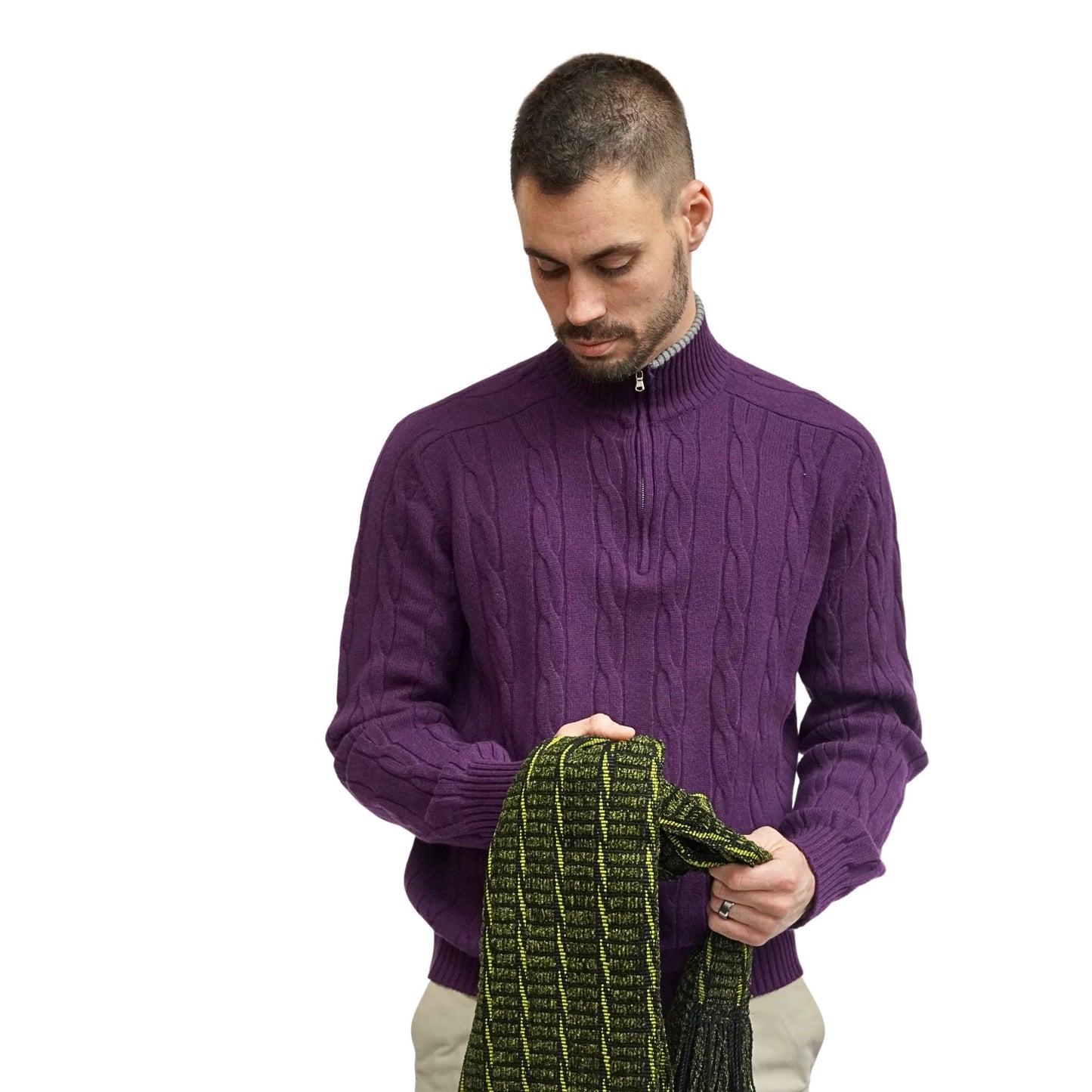 yellow and black men's scarf shown with model wearing purple men's sweater