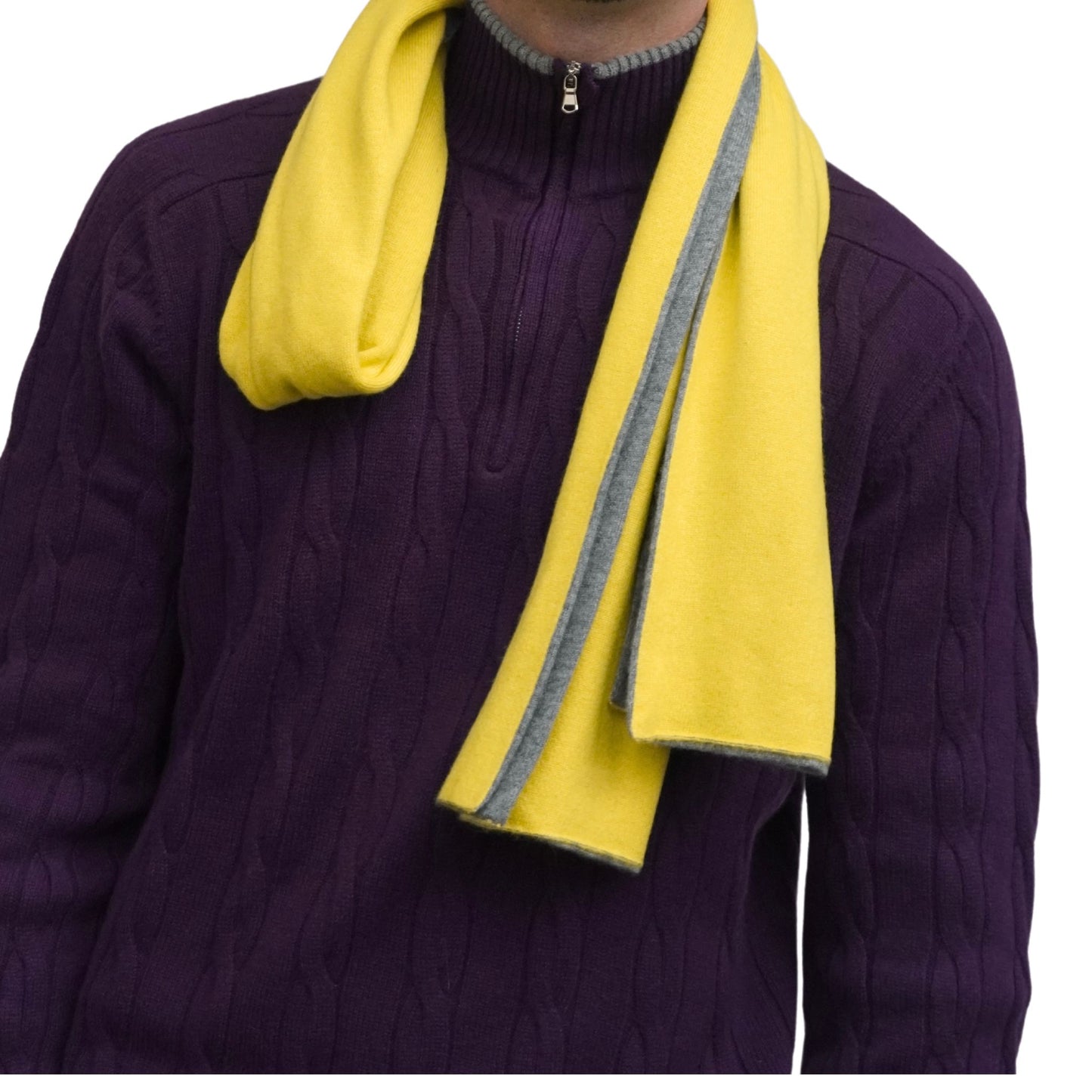 close up of men's bright yellow cashmere scarf shown on model