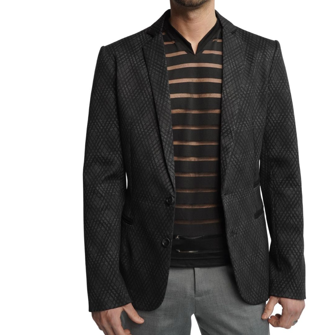 Sophisticated Men's Black 2-Button Blazer with Subtle Geometric Flair