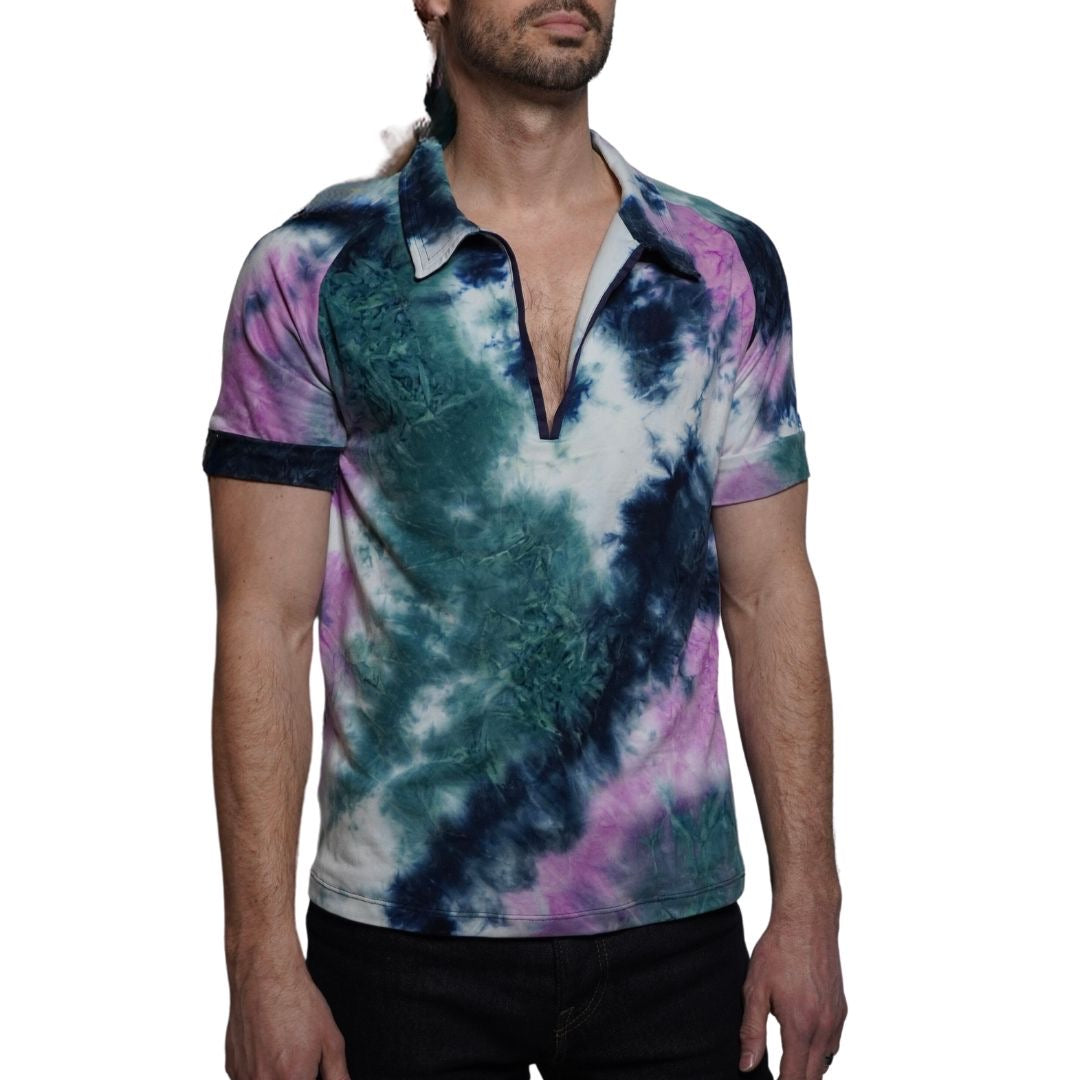Green, Black Navy, Pink Tie Dye V Neck Polo