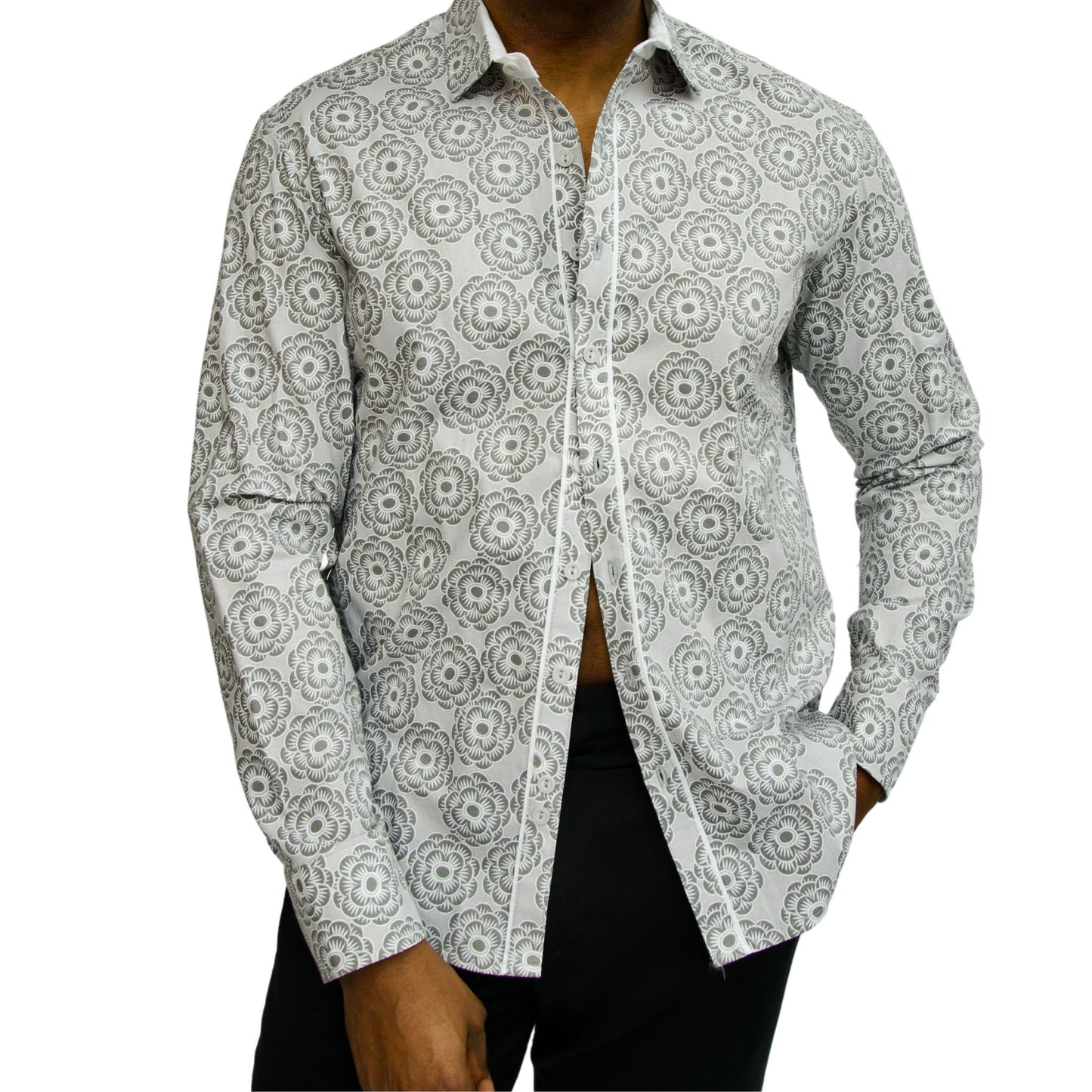 men's white and gray floral button down shirt shown on model