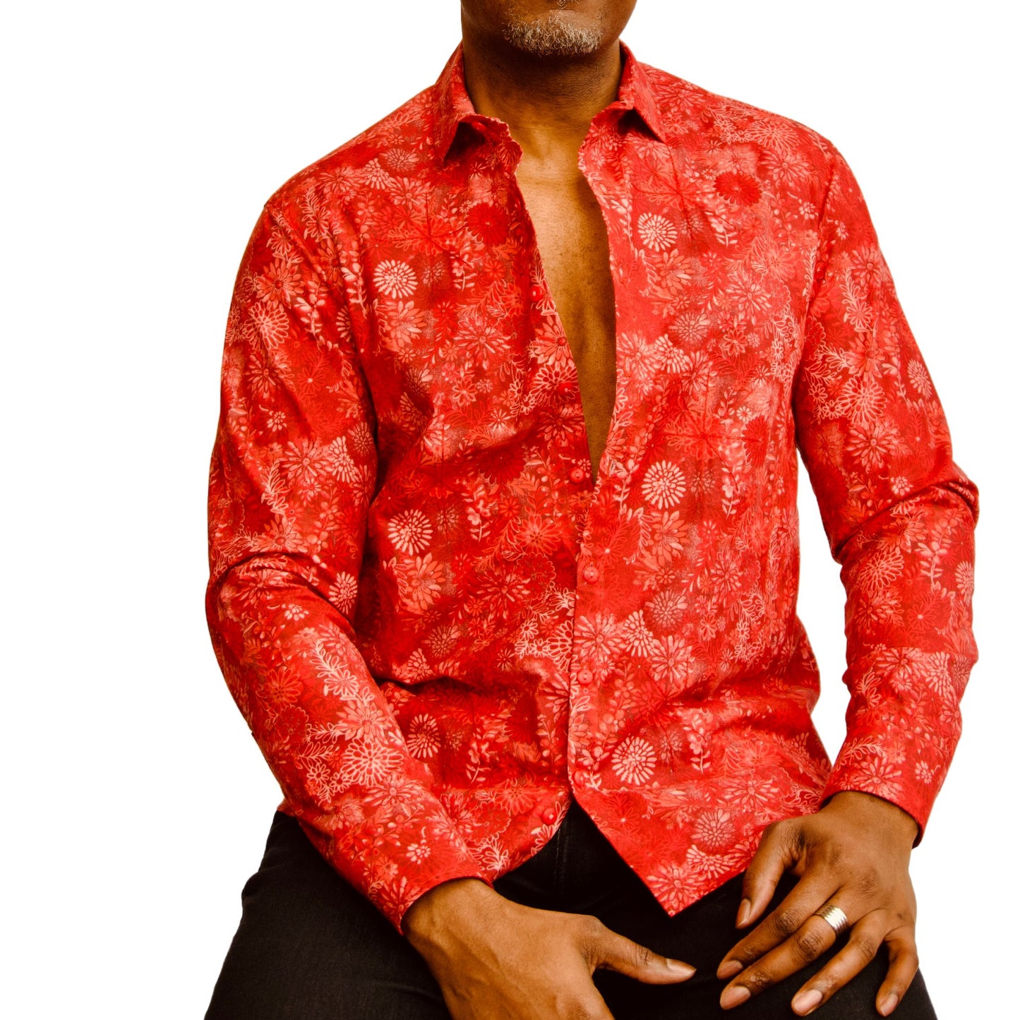 Red, White Floral Long Sleeve Shirt