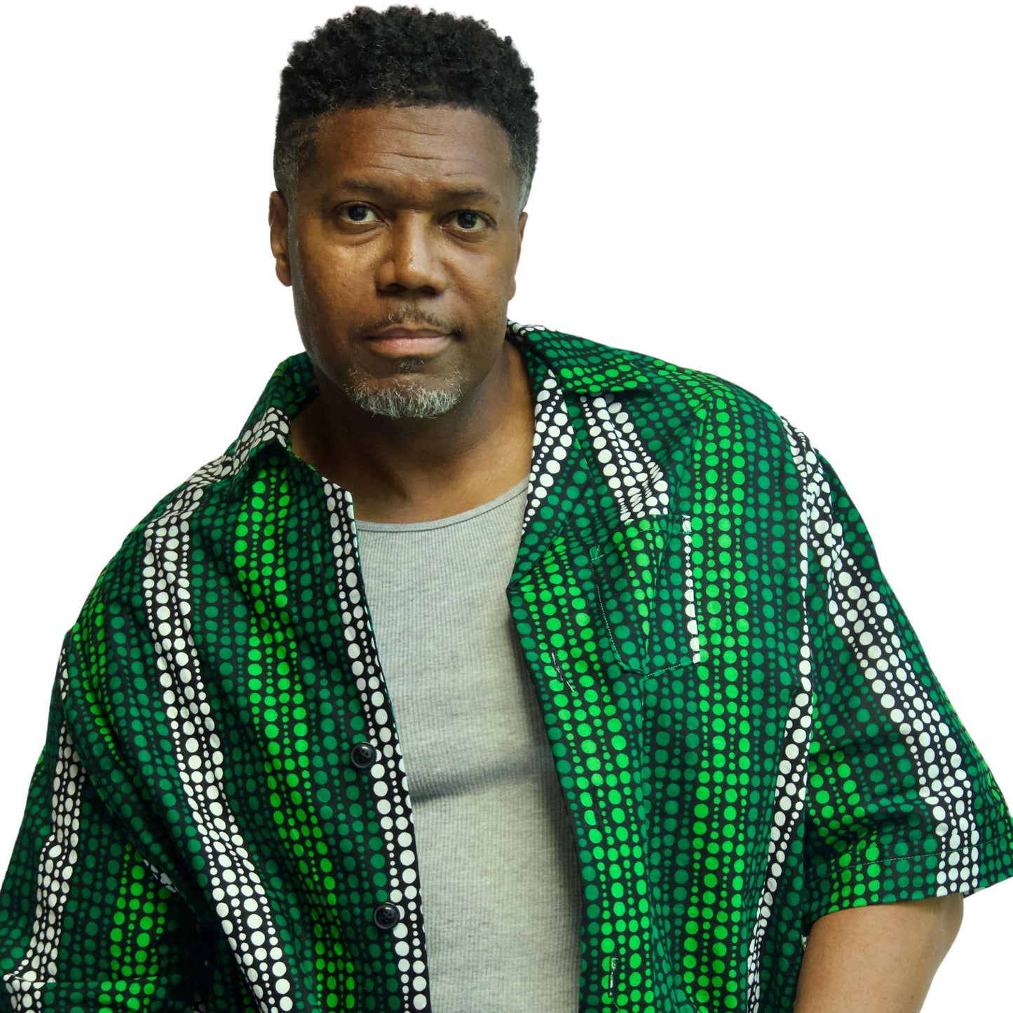 Bright green men's short sleeve button down shirt shown on model