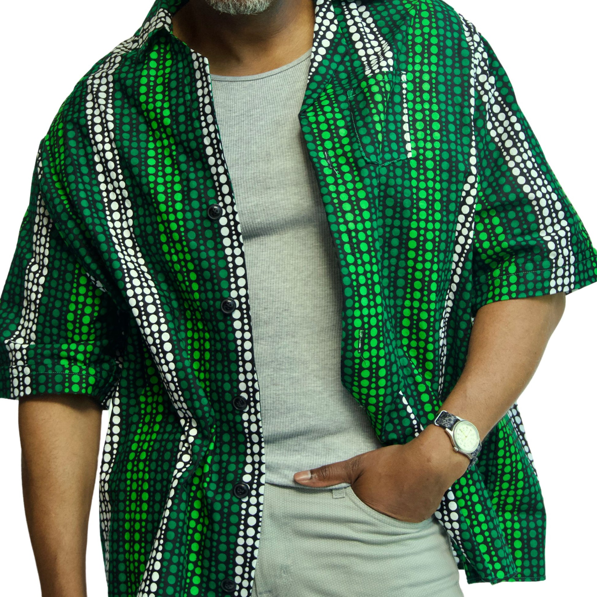 bright men's green and white button down short sleeve shirt shown on model