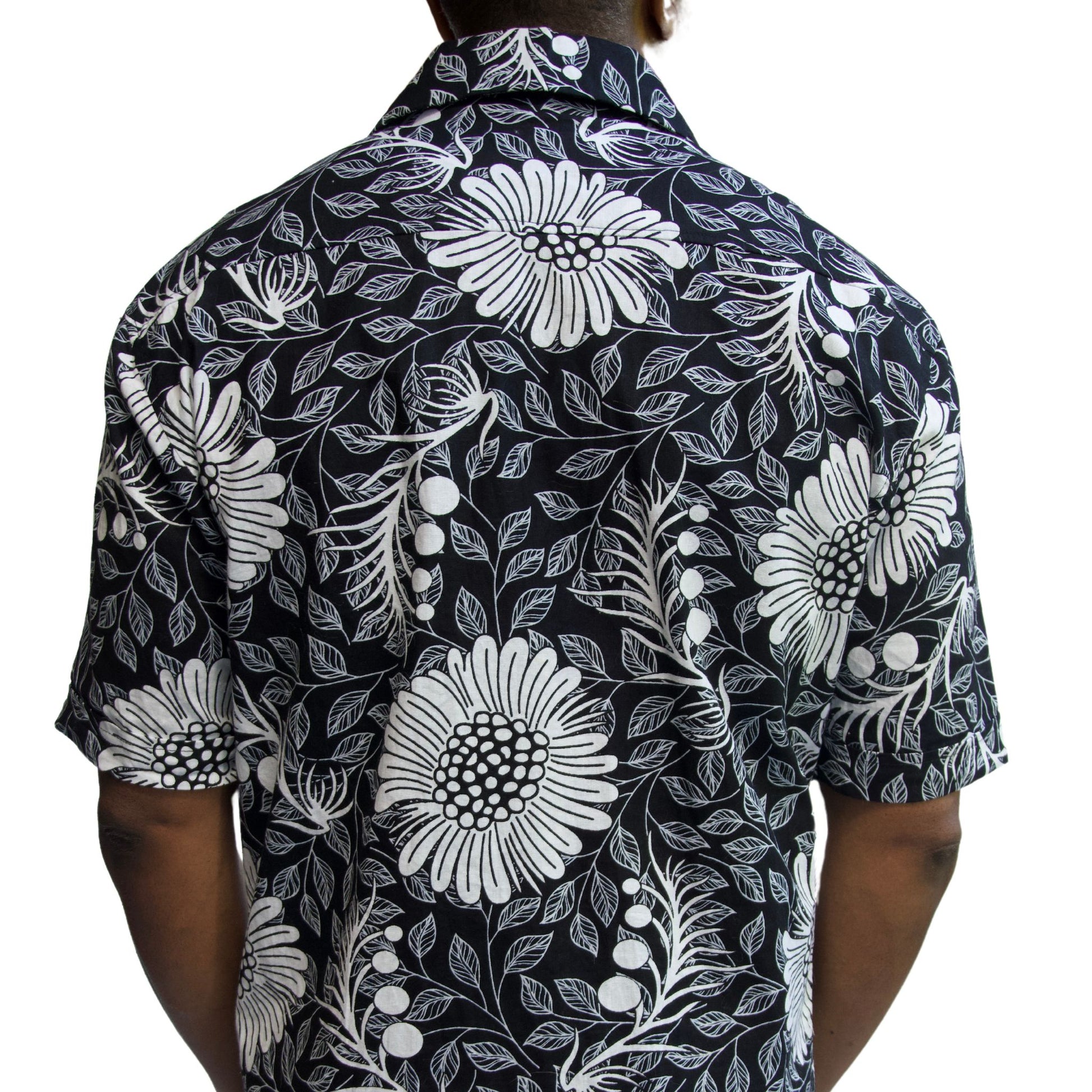 black and white floral short sleeve men's button down shirt