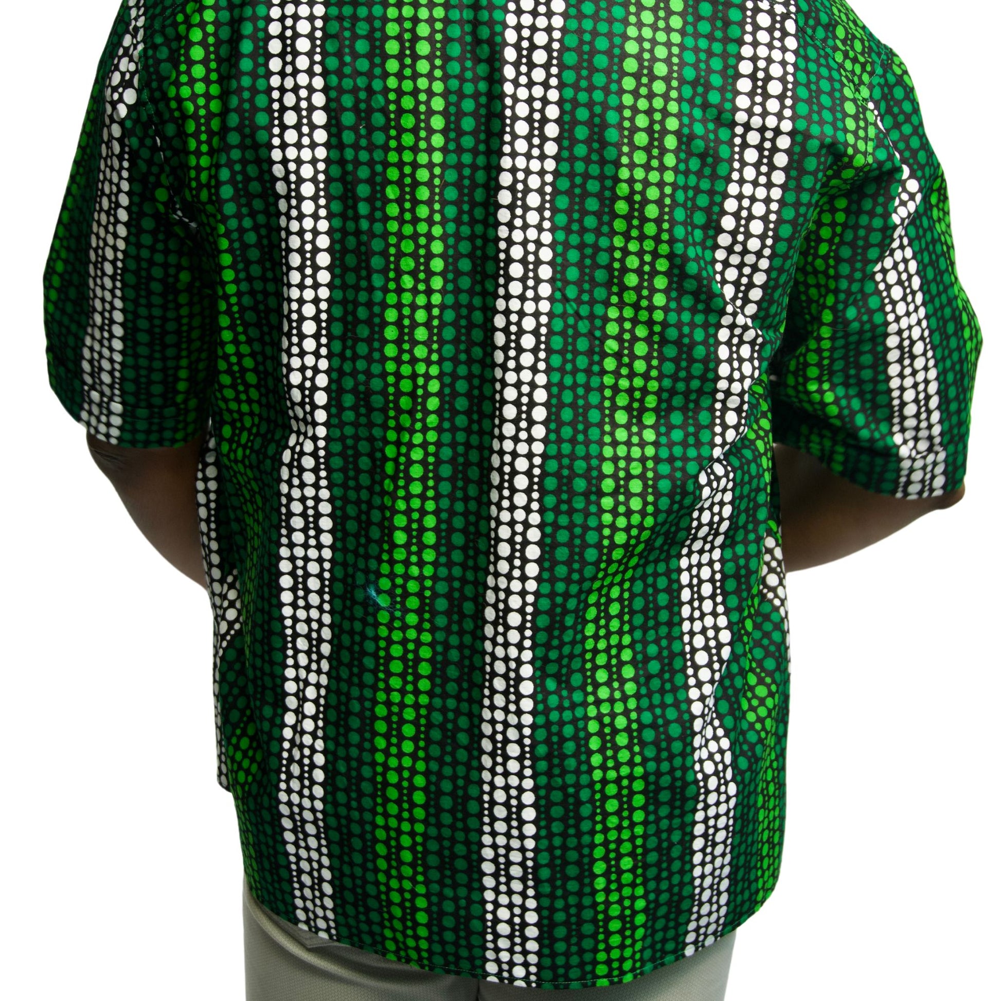 bright men's green and white button down short sleeve shirt shown on model
