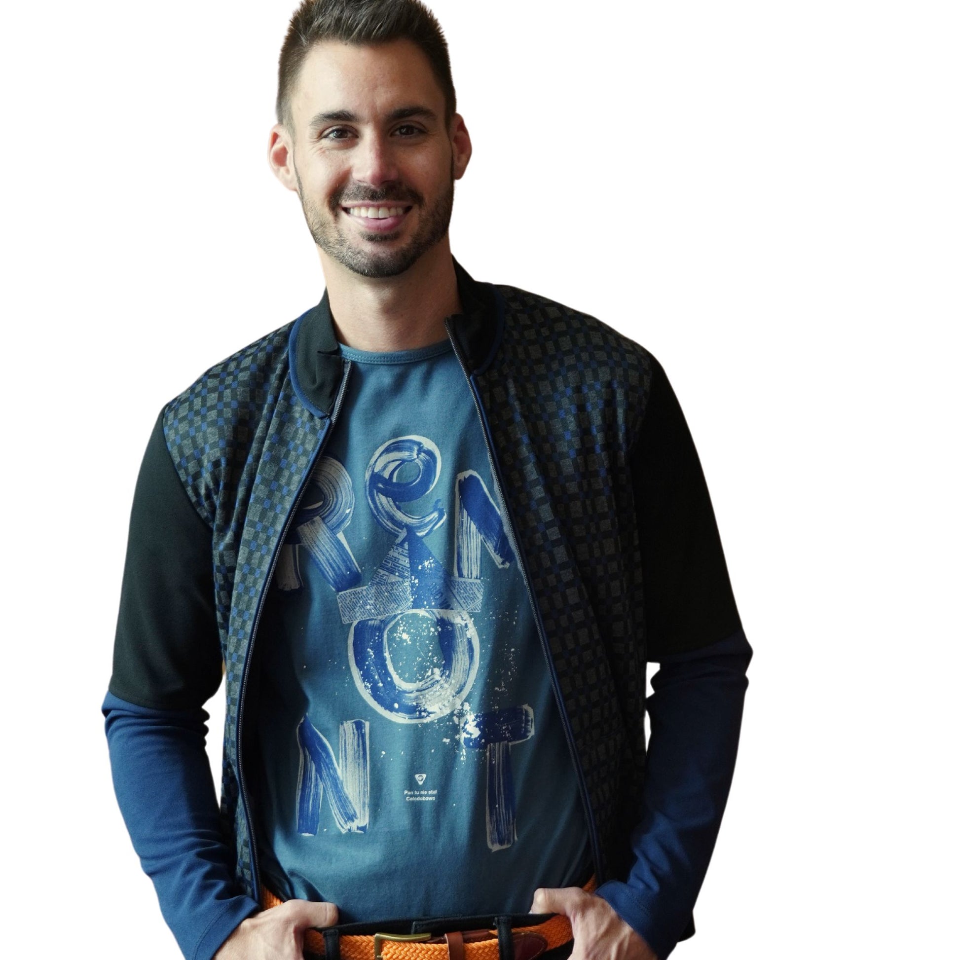 men's graphic t-shirt in bold print shown on model also wearing athleisure jacket.
