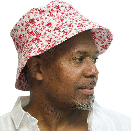 red and white men's bucket hat in bold pattern