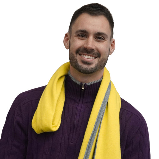 bright men's yellow cashmere scarf shown on model