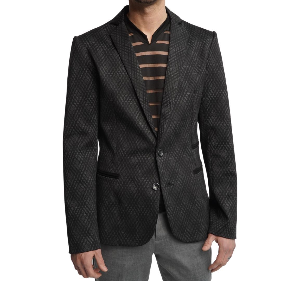 Sophisticated Men's Black 2-Button Blazer with Subtle Geometric Flair