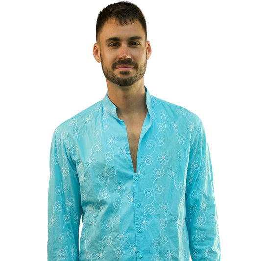 Stylish Blue Green Long Sleeve Floral Shirt for Men - Perfect for Beach Vacations & Afternoon Picnics