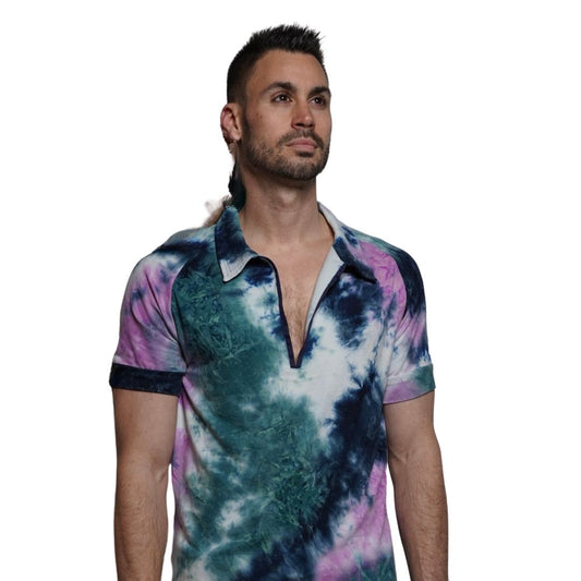 tie dye blue green navy polo shirt
