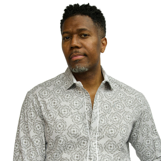 men's white and gray floral button down shirt shown on model