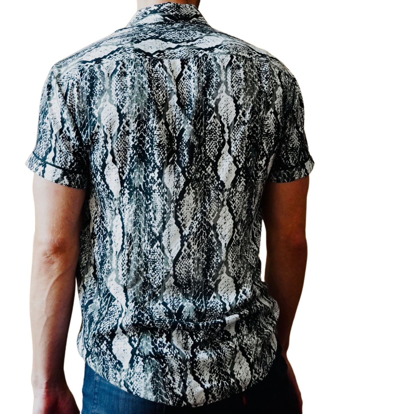 Full-Placket Jet Black and White Snake Print Polo Shirt