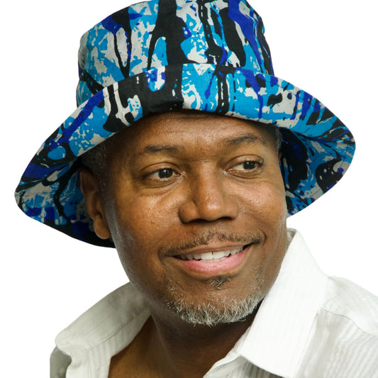 brightly colored men's bucket hat shown on model
