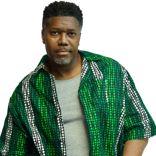 Bright green men's short sleeve button down shirt shown on model