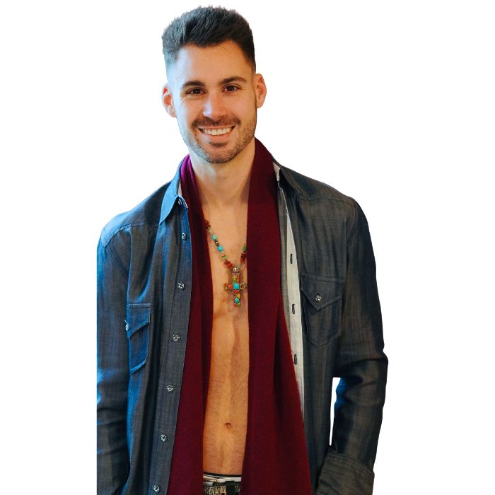 model shown wearing men's burgundy scarf