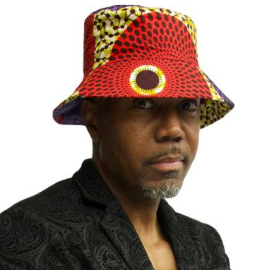 brightly colored men's bucket hat shown on model.